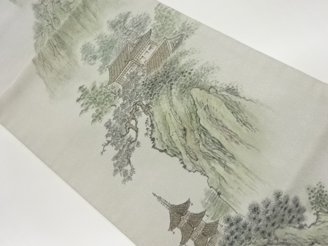 JAPANESE HIRAKI NAGOYA OBI / GIN-TOSHI / HAND PAINTED / TEMPLE & TREES